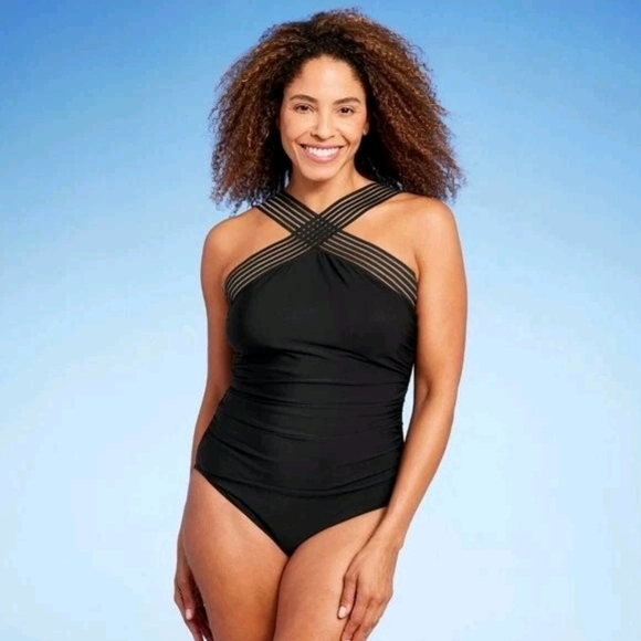 Black Aqua Green UPF 50 Women's Crossover Neck One-piece Swimsuit Size M - Picture 1 of 10